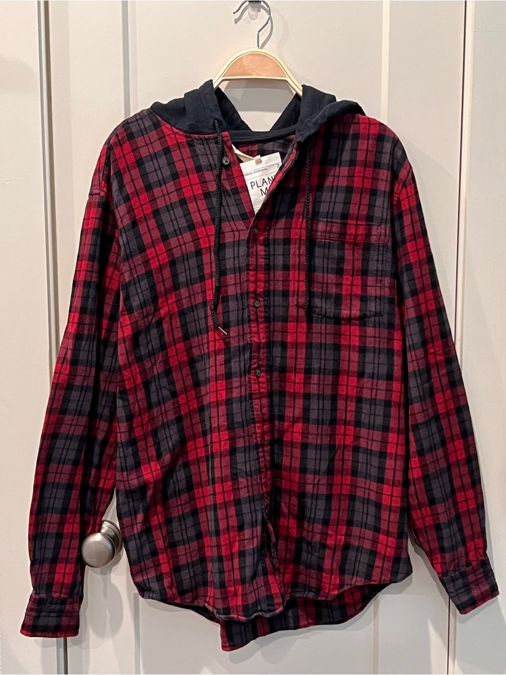 Urban Outfitters Renewal Oversized Red and Black Plaid Hooded Shirt Jacket